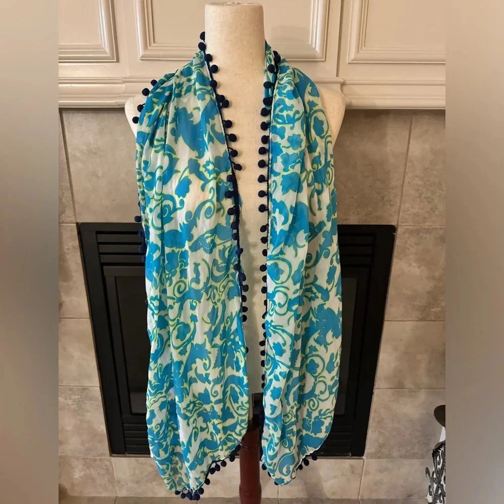 Charming Charlie Soft Floral Print Scarf with Pom Poms Borders